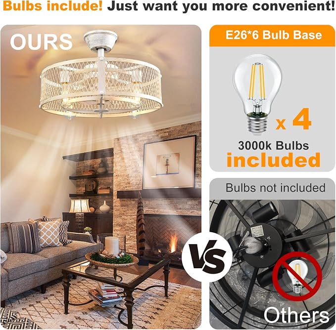 Outdoor Ceiling Fan with Light: 20" Caged Ceiling Fans with Remote App Control for Patio Kitchen Bedroom - Farmhouse