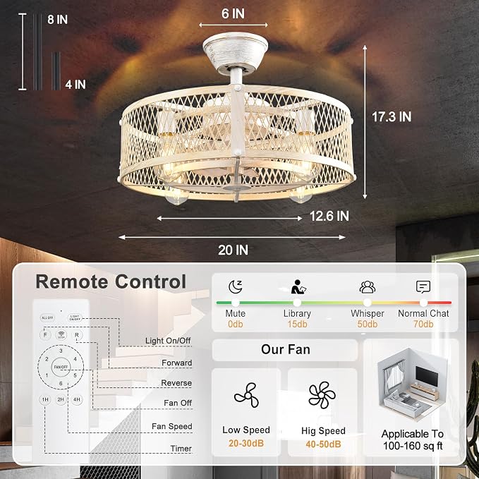 Outdoor Ceiling Fan with Light: 20" Caged Ceiling Fans with Remote App Control for Patio Kitchen Bedroom - Farmhouse