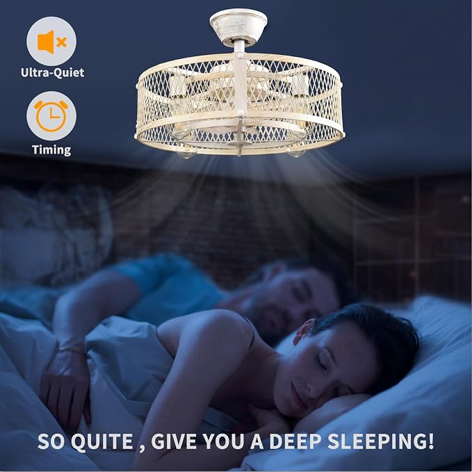Outdoor Ceiling Fan with Light: 20" Caged Ceiling Fans with Remote App Control for Patio Kitchen Bedroom - Farmhouse