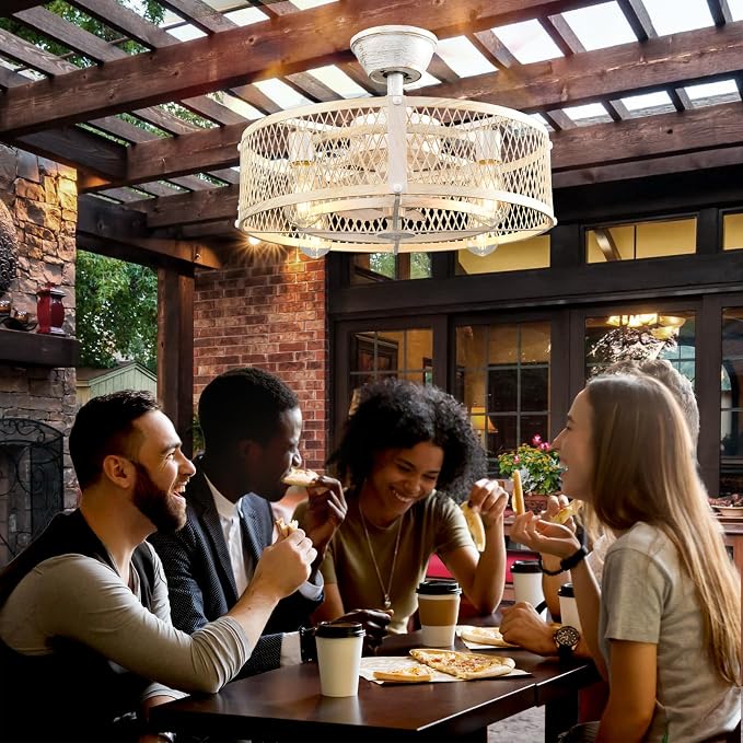 Outdoor Ceiling Fan with Light: 20" Caged Ceiling Fans with Remote App Control for Patio Kitchen Bedroom - Farmhouse