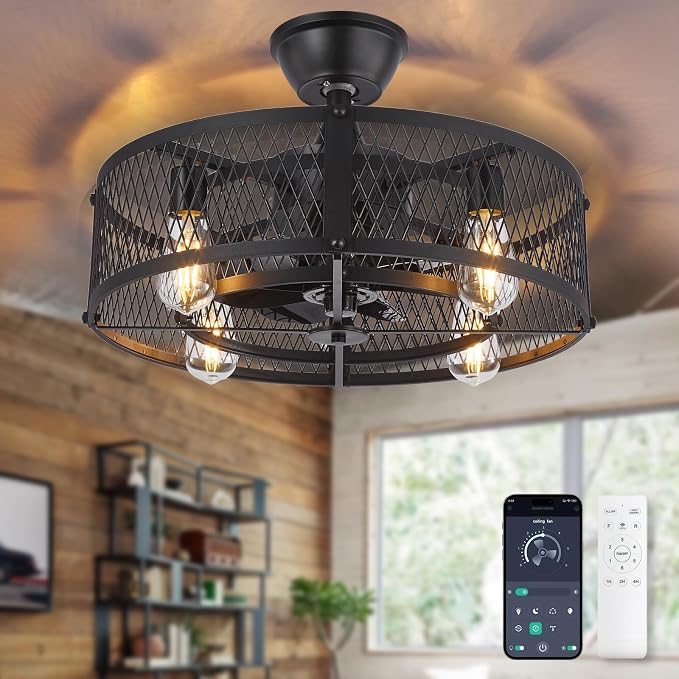 Outdoor Ceiling Fan with Light: 20" Caged Ceiling Fans with Remote App Control for Patio Kitchen Bedroom - Farmhouse