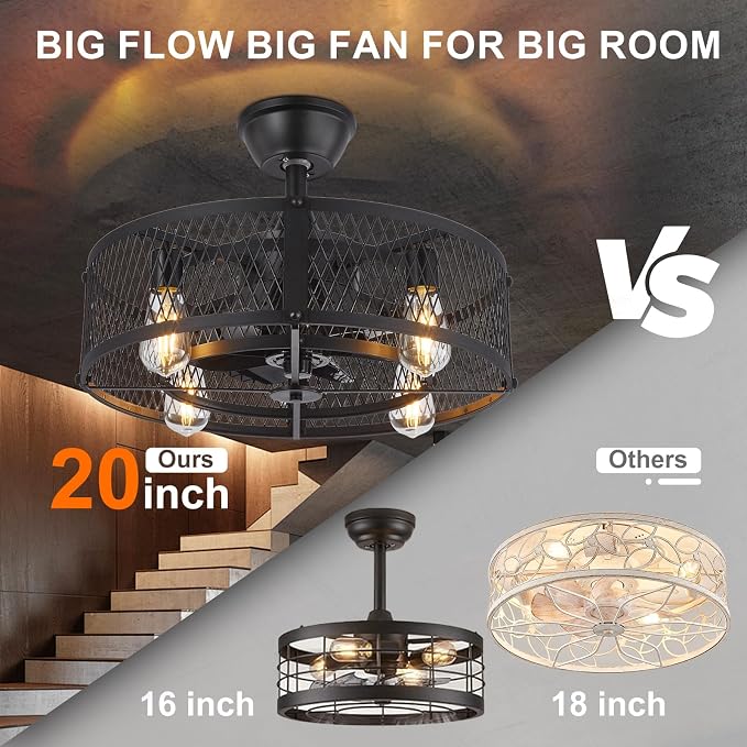 Outdoor Ceiling Fan with Light: 20" Caged Ceiling Fans with Remote App Control for Patio Kitchen Bedroom - Farmhouse
