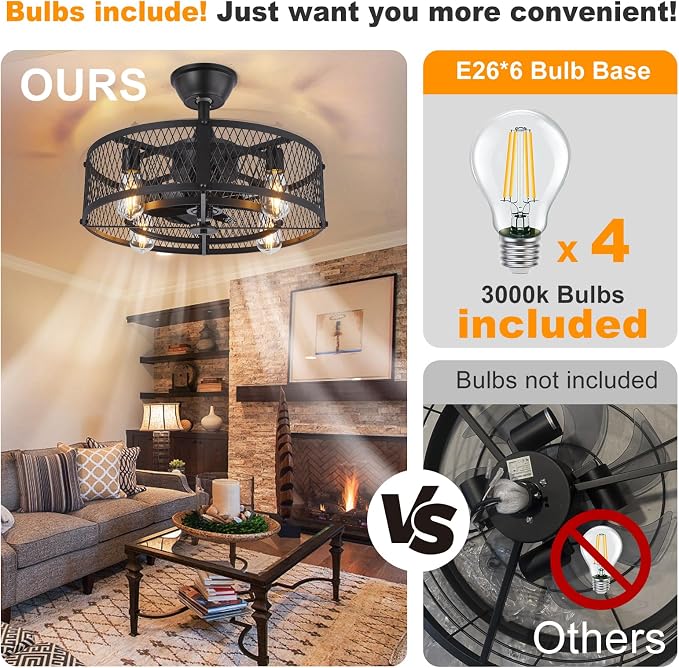 Outdoor Ceiling Fan with Light: 20" Caged Ceiling Fans with Remote App Control for Patio Kitchen Bedroom - Farmhouse