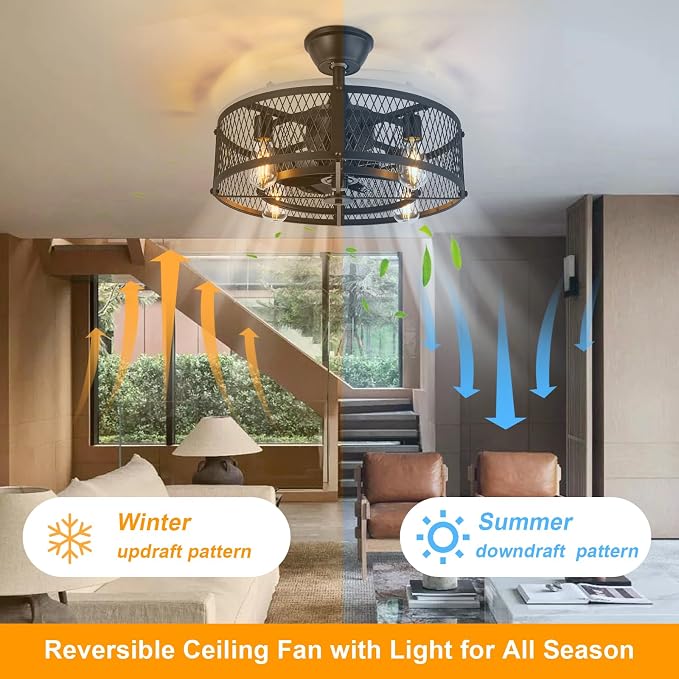 Outdoor Ceiling Fan with Light: 20" Caged Ceiling Fans with Remote App Control for Patio Kitchen Bedroom - Farmhouse