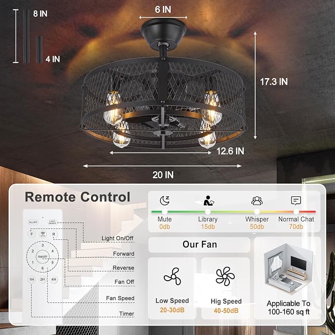 Outdoor Ceiling Fan with Light: 20" Caged Ceiling Fans with Remote App Control for Patio Kitchen Bedroom - Farmhouse