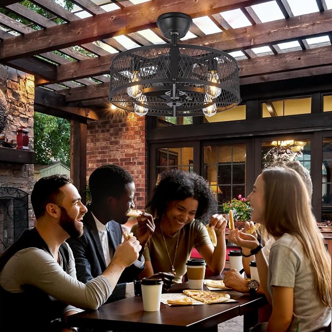 Outdoor Ceiling Fan with Light: 20" Caged Ceiling Fans with Remote App Control for Patio Kitchen Bedroom - Farmhouse