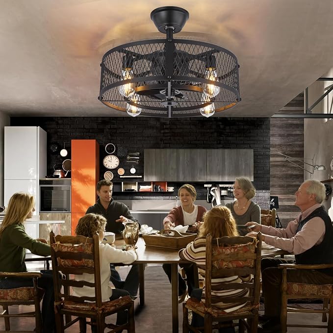 Outdoor Ceiling Fan with Light: 20" Caged Ceiling Fans with Remote App Control for Patio Kitchen Bedroom - Farmhouse