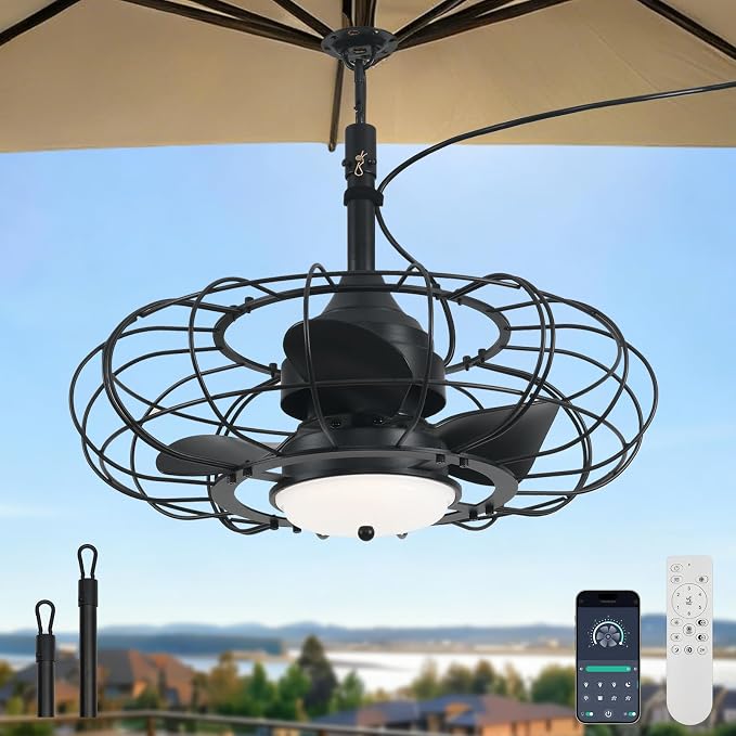 Outdoor Ceiling Fan with Light,20in Gazebo Fan with Remote and APP, 6 Speed,Dimmable 3 Color,Waterproof Cage Fan for