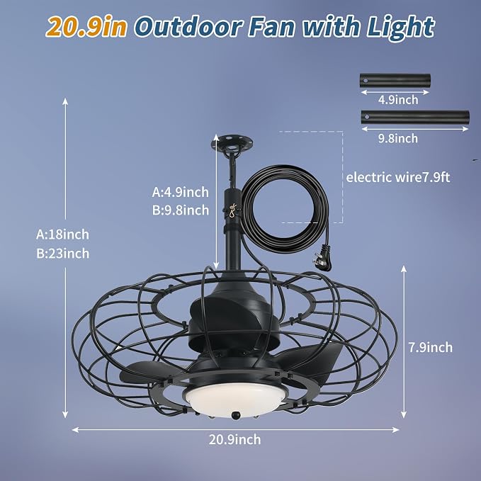 Outdoor Ceiling Fan with Light,20in Gazebo Fan with Remote and APP, 6 Speed,Dimmable 3 Color,Waterproof Cage Fan for