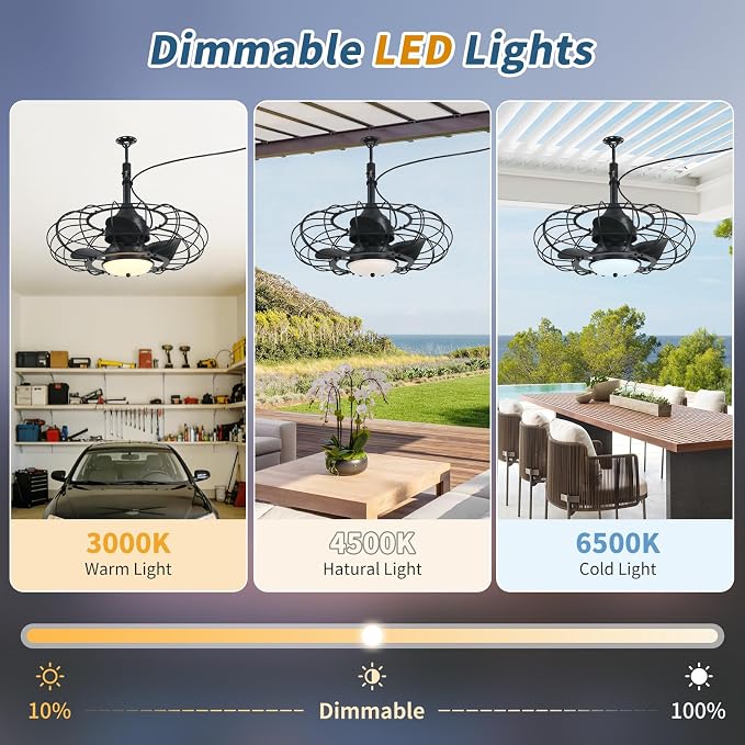 Outdoor Ceiling Fan with Light,20in Gazebo Fan with Remote and APP, 6 Speed,Dimmable 3 Color,Waterproof Cage Fan for