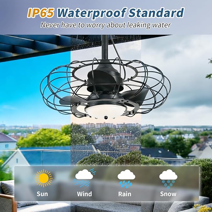 Outdoor Ceiling Fan with Light,20in Gazebo Fan with Remote and APP, 6 Speed,Dimmable 3 Color,Waterproof Cage Fan for