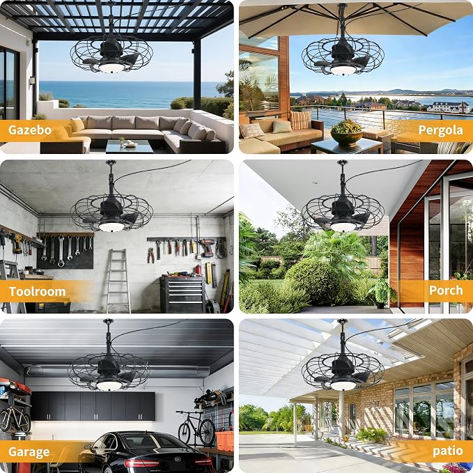 Outdoor Ceiling Fan with Light,20in Gazebo Fan with Remote and APP, 6 Speed,Dimmable 3 Color,Waterproof Cage Fan for