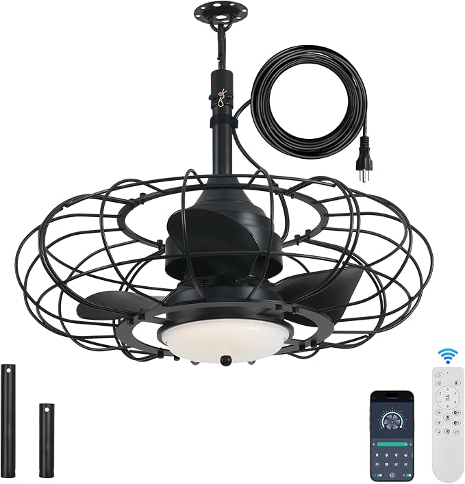Outdoor Ceiling Fan with Light,20in Gazebo Fan with Remote and APP, 6 Speed,Dimmable 3 Color,Waterproof Cage Fan for
