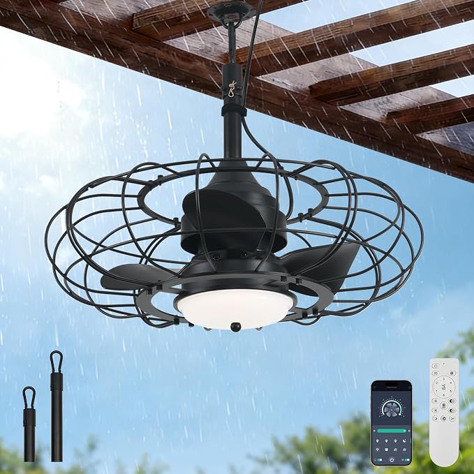 Outdoor Ceiling Fan with Light,20in Gazebo Fan with Remote and APP, 6 Speed,Dimmable 3 Color,IP65 Waterproof Cage Fan for