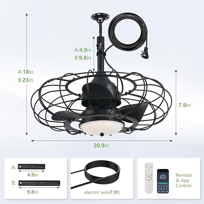 Outdoor Ceiling Fan with Light,20in Gazebo Fan with Remote and APP, 6 Speed,Dimmable 3 Color,IP65 Waterproof Cage Fan for