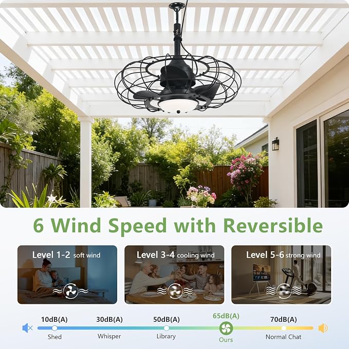 Outdoor Ceiling Fan with Light,20in Gazebo Fan with Remote and APP, 6 Speed,Dimmable 3 Color,IP65 Waterproof Cage Fan for
