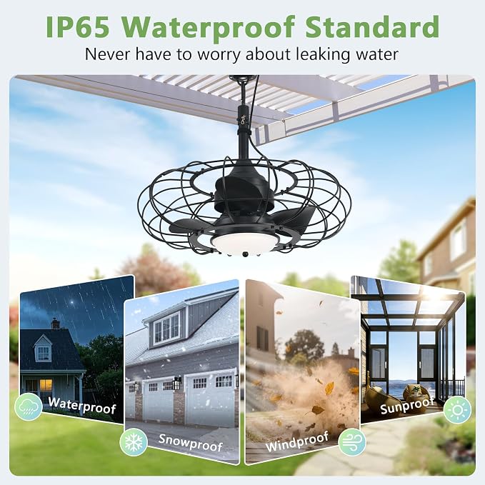 Outdoor Ceiling Fan with Light,20in Gazebo Fan with Remote and APP, 6 Speed,Dimmable 3 Color,IP65 Waterproof Cage Fan for