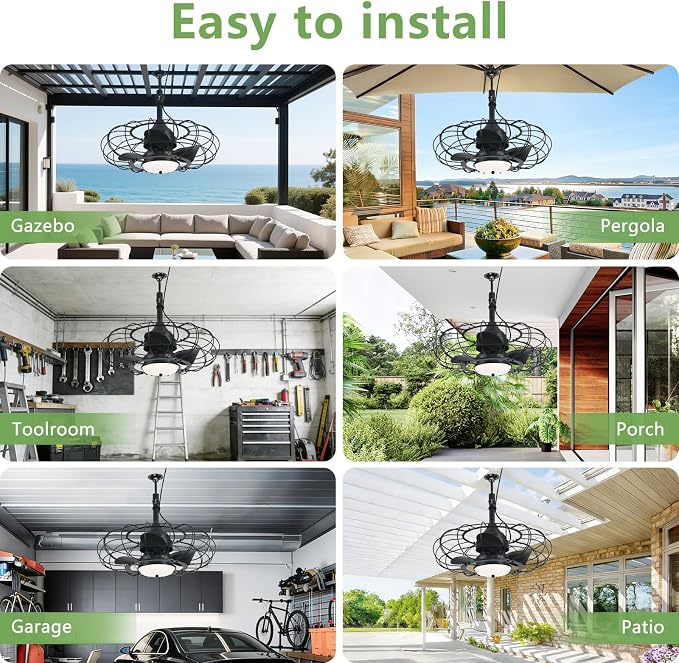 Outdoor Ceiling Fan with Light,20in Gazebo Fan with Remote and APP, 6 Speed,Dimmable 3 Color,IP65 Waterproof Cage Fan for