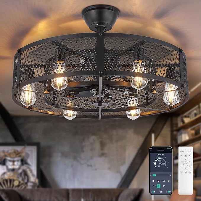 Outdoor Ceiling Fan with Light: 26" Caged Ceiling Fans with Remote App Control for Patio Kitchen Bedroom - Farmhouse