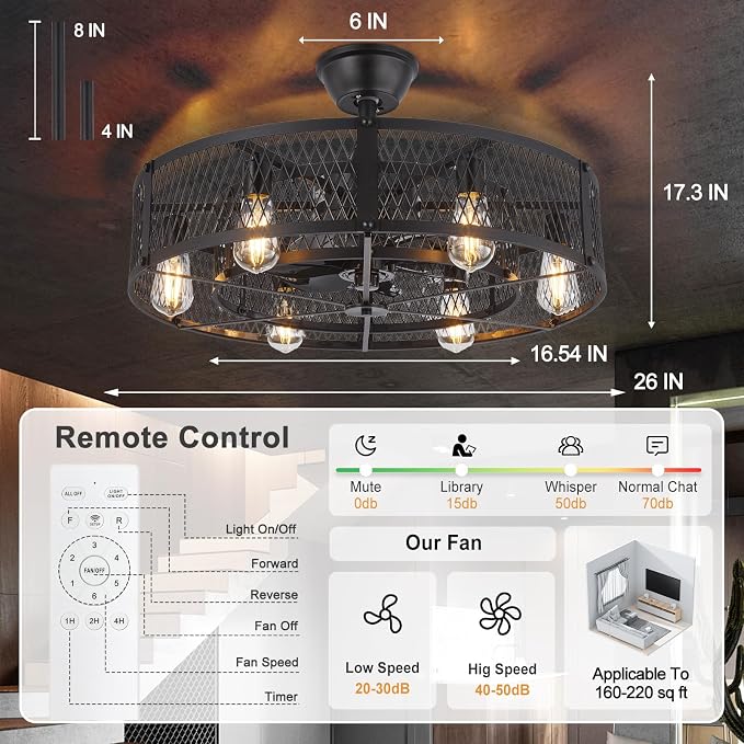 Outdoor Ceiling Fan with Light: 26" Caged Ceiling Fans with Remote App Control for Patio Kitchen Bedroom - Farmhouse