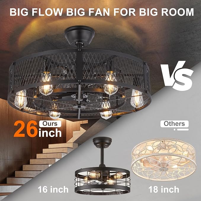 Outdoor Ceiling Fan with Light: 26" Caged Ceiling Fans with Remote App Control for Patio Kitchen Bedroom - Farmhouse