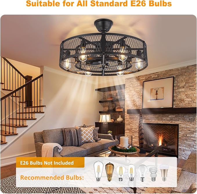 Outdoor Ceiling Fan with Light: 26" Caged Ceiling Fans with Remote App Control for Patio Kitchen Bedroom - Farmhouse