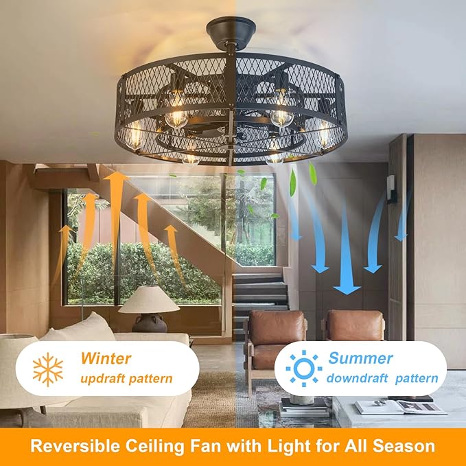 Outdoor Ceiling Fan with Light: 26" Caged Ceiling Fans with Remote App Control for Patio Kitchen Bedroom - Farmhouse