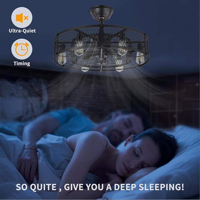 Outdoor Ceiling Fan with Light: 26" Caged Ceiling Fans with Remote App Control for Patio Kitchen Bedroom - Farmhouse