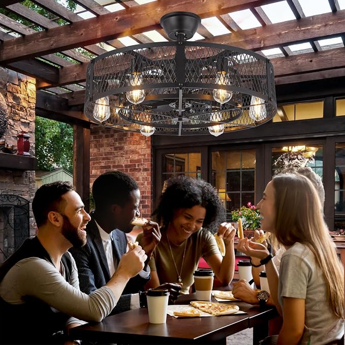 Outdoor Ceiling Fan with Light: 26" Caged Ceiling Fans with Remote App Control for Patio Kitchen Bedroom - Farmhouse