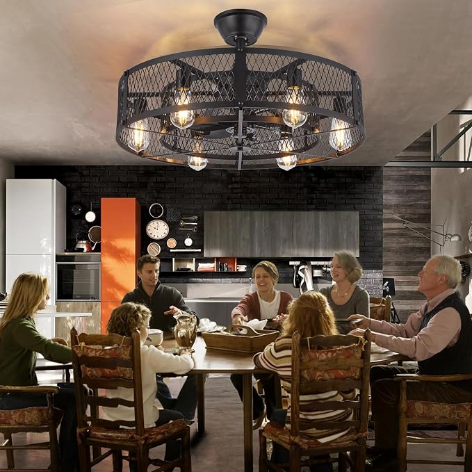 Outdoor Ceiling Fan with Light: 26" Caged Ceiling Fans with Remote App Control for Patio Kitchen Bedroom - Farmhouse