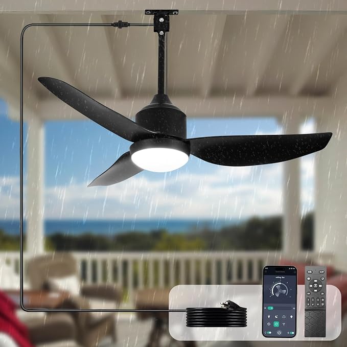 Outdoor Ceiling Fan with Light: 42" Black Hanging Fan for Gazebo Waterproof - Plug In Outdoor Fans for Patio Porch Pergola
