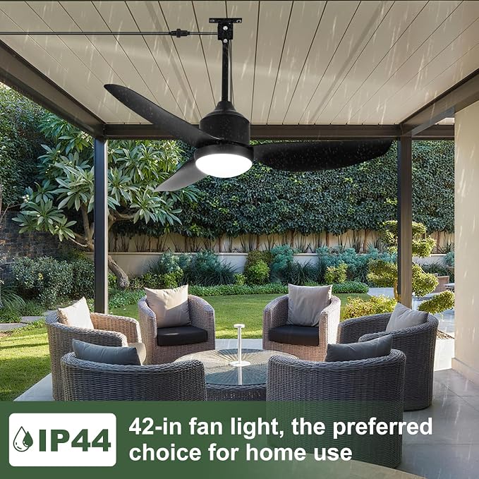 Outdoor Ceiling Fan with Light: 42" Black Hanging Fan for Gazebo Waterproof - Plug In Outdoor Fans for Patio Porch Pergola