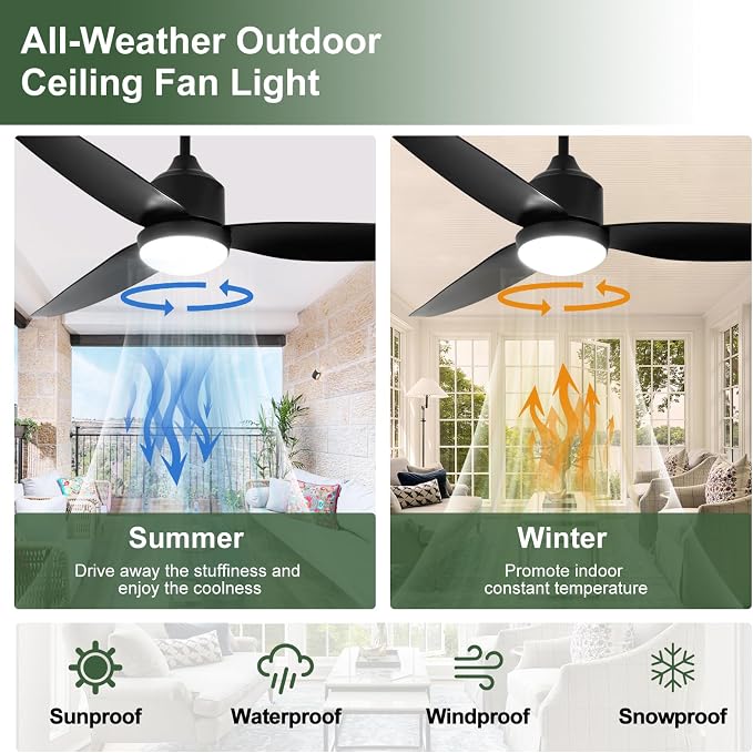 Outdoor Ceiling Fan with Light: 42" Black Hanging Fan for Gazebo Waterproof - Plug In Outdoor Fans for Patio Porch Pergola
