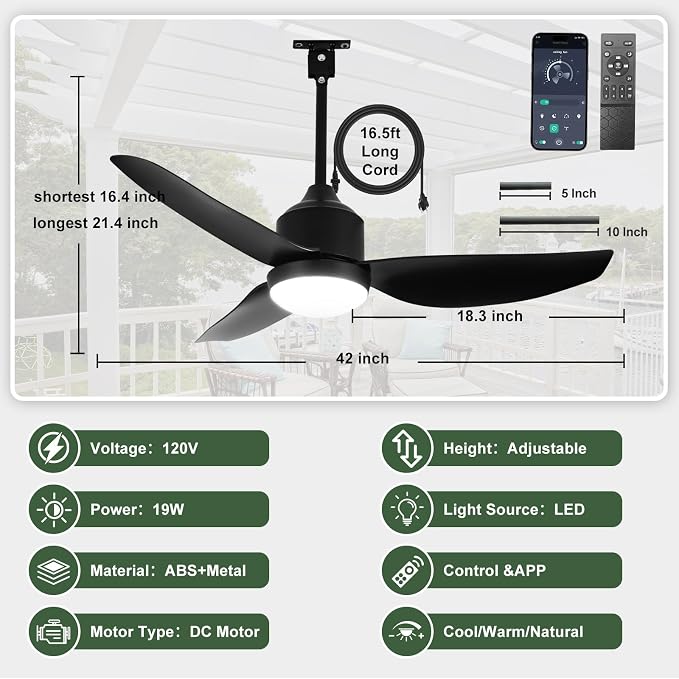 Outdoor Ceiling Fan with Light: 42" Black Hanging Fan for Gazebo Waterproof - Plug In Outdoor Fans for Patio Porch Pergola