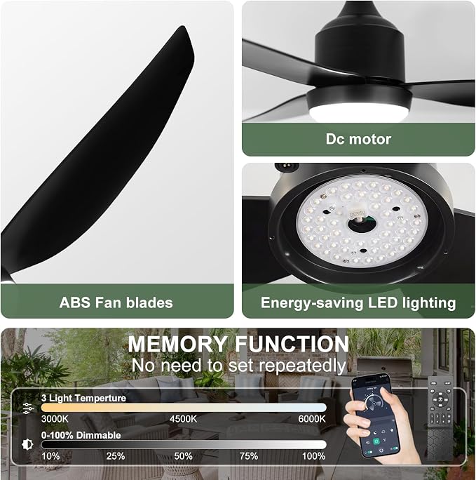 Outdoor Ceiling Fan with Light: 42" Black Hanging Fan for Gazebo Waterproof - Plug In Outdoor Fans for Patio Porch Pergola