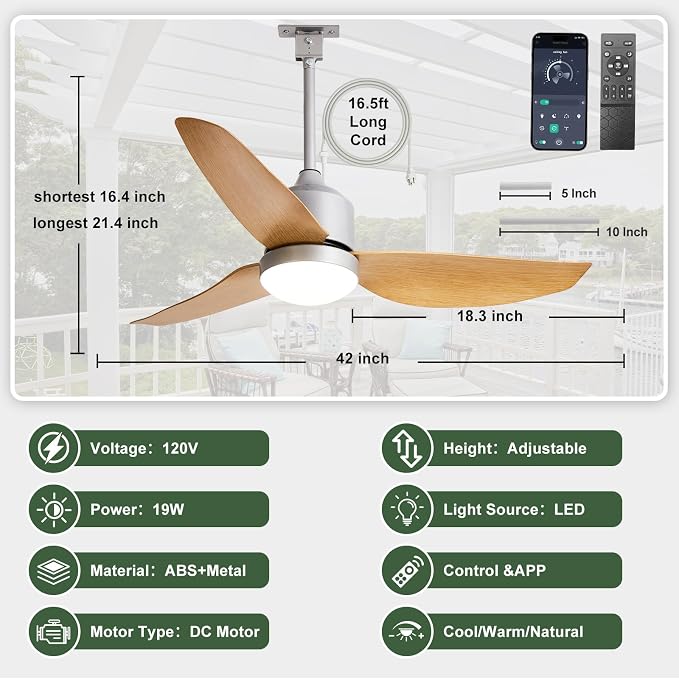 Outdoor Ceiling Fan with Light: 42" Hanging Fan for Gazebo Waterproof - Plug In Outdoor Fans for Patio Porch Pergola with APP