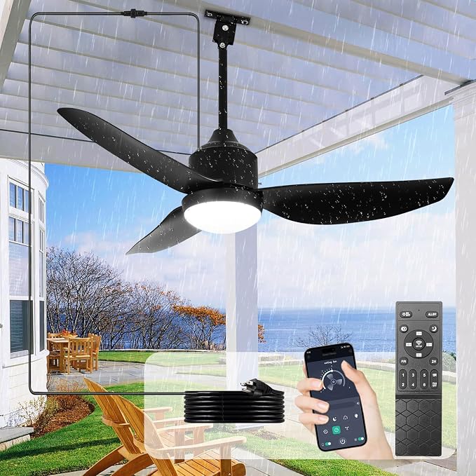 Outdoor Ceiling Fan with Light: 42 Inch Black Waterproof Gazebo Fans with Lights Outdoor Hanging - Plug in Remote App Control
