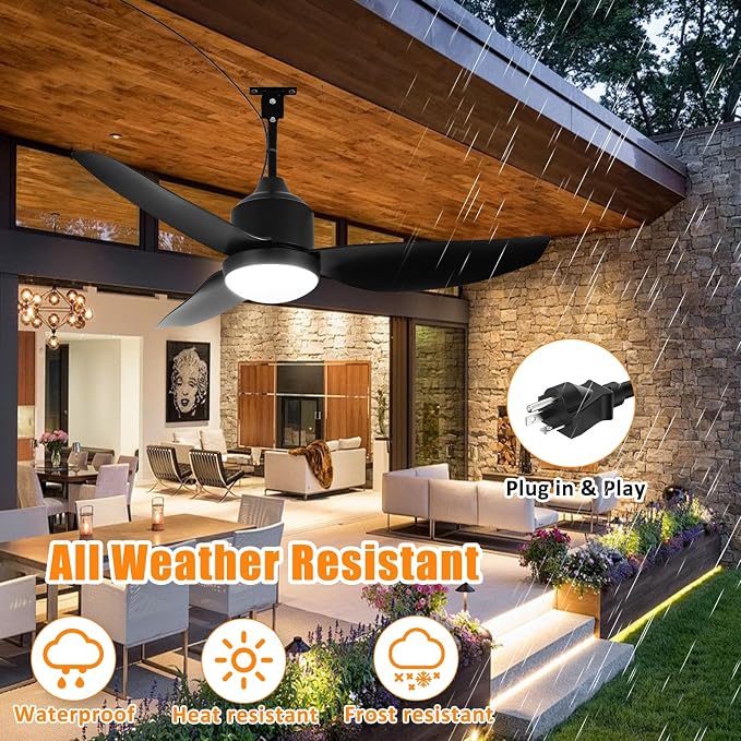 Outdoor Ceiling Fan with Light: 42 Inch Black Waterproof Gazebo Fans with Lights Outdoor Hanging - Plug in Remote App Control