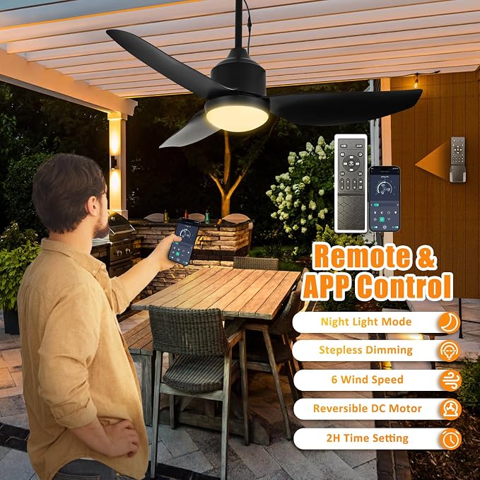 Outdoor Ceiling Fan with Light: 42 Inch Black Waterproof Gazebo Fans with Lights Outdoor Hanging - Plug in Remote App Control