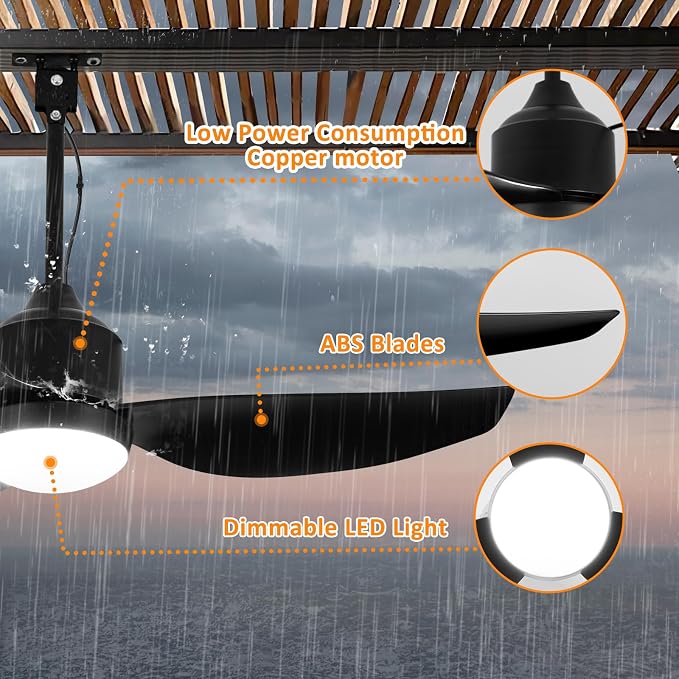 Outdoor Ceiling Fan with Light: 42 Inch Black Waterproof Gazebo Fans with Lights Outdoor Hanging - Plug in Remote App Control