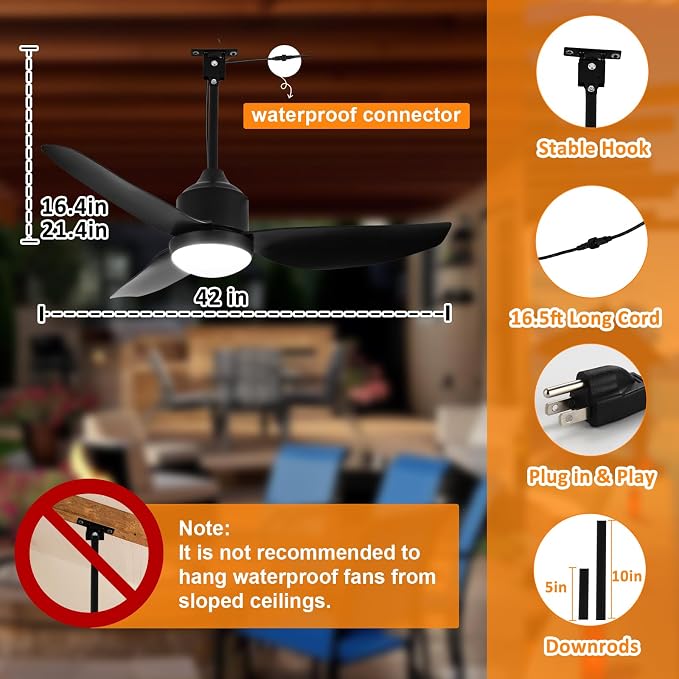 Outdoor Ceiling Fan with Light: 42 Inch Black Waterproof Gazebo Fans with Lights Outdoor Hanging - Plug in Remote App Control