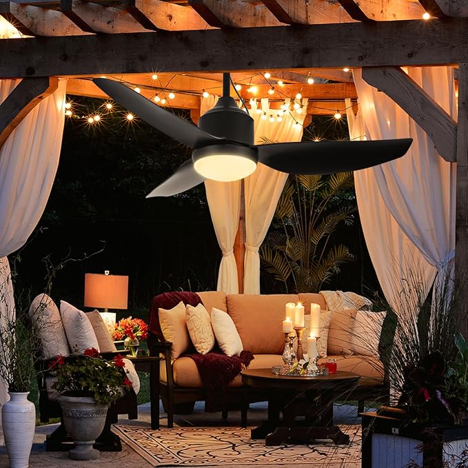 Outdoor Ceiling Fan with Light: 42 Inch Black Waterproof Gazebo Fans with Lights Outdoor Hanging - Plug in Remote App Control
