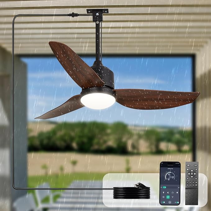 Outdoor Ceiling Fan with Light: 42" Walnut Hanging Fan for Gazebo Waterproof - Plug In Outdoor Fans for Patio