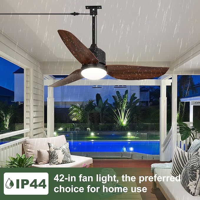 Outdoor Ceiling Fan with Light: 42" Walnut Hanging Fan for Gazebo Waterproof - Plug In Outdoor Fans for Patio, alternate view