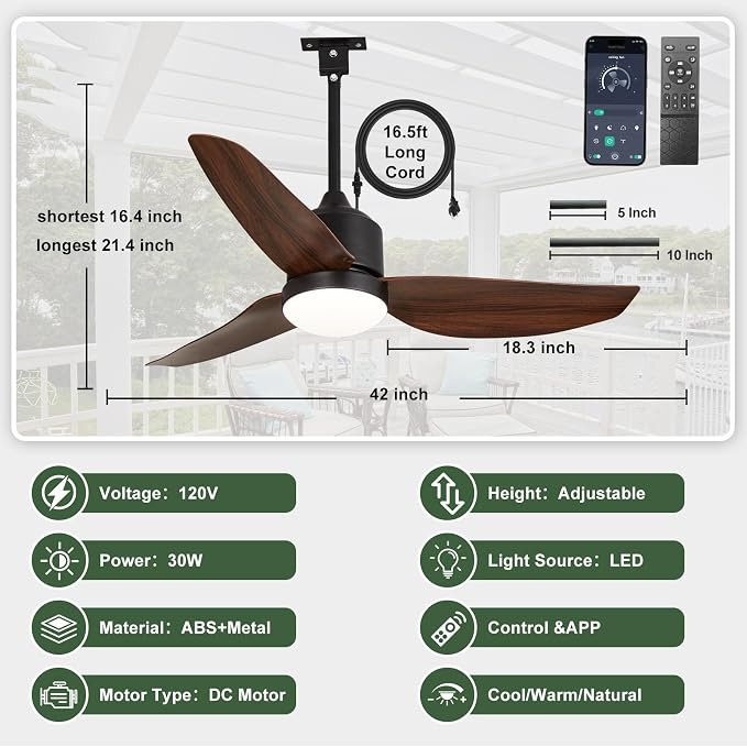 Outdoor Ceiling Fan with Light: 42" Walnut Hanging Fan for Gazebo Waterproof - Plug In Outdoor Fans for Patio, alternate view