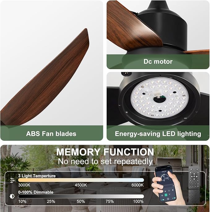 Outdoor Ceiling Fan with Light: 42" Walnut Hanging Fan for Gazebo Waterproof - Plug In Outdoor Fans for Patio, alternate view