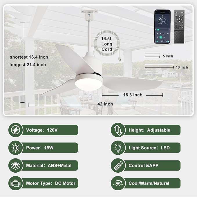 Outdoor Ceiling Fan with Light: 42" White Hanging Fan for Gazebo Waterproof - Plug In Outdoor Fans for Patio, alternate view