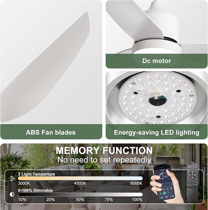 Outdoor Ceiling Fan with Light: 42" White Hanging Fan for Gazebo Waterproof - Plug In Outdoor Fans for Patio, alternate view
