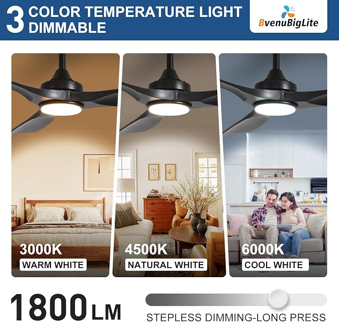 Outdoor Ceiling Fan with Light: 52 Inch 3 Blade Outdoor Fans for Patios - Modern Black Ceiling Fan with Dimmable Light Remote