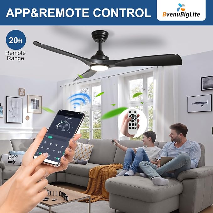 Outdoor Ceiling Fan with Light: 52 Inch 3 Blade Outdoor Fans for Patios - Modern Black Ceiling Fan with Dimmable Light Remote